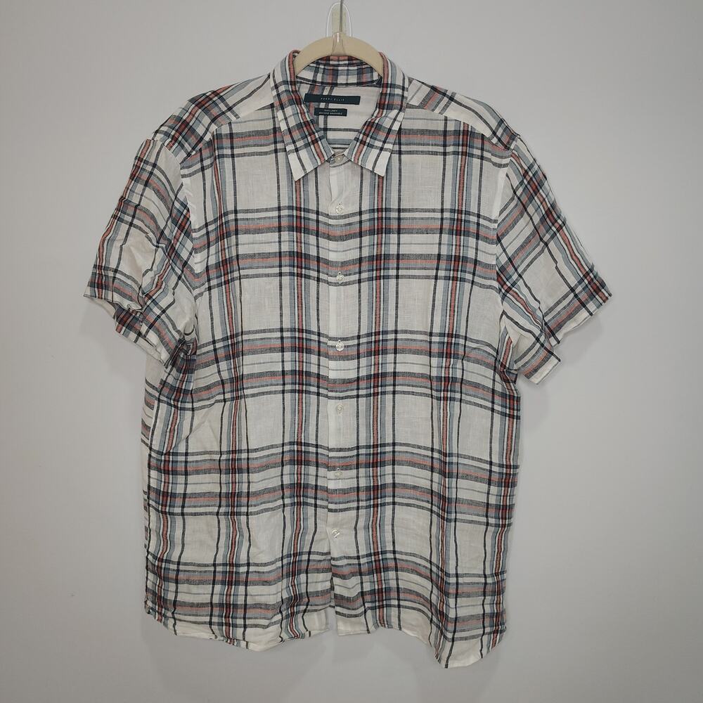 Perry Ellis Mens XL Button Down Shirt Linen Plaid Blue White Orange Short Sleeve